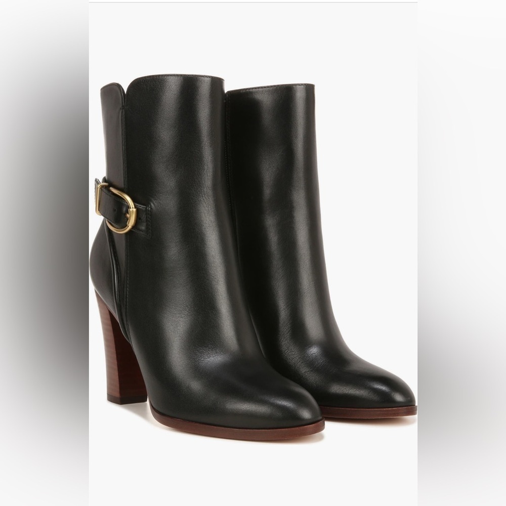 Veronica Beard Viv Black Leather Boot Size 9. Gold Zipper Brown Heel